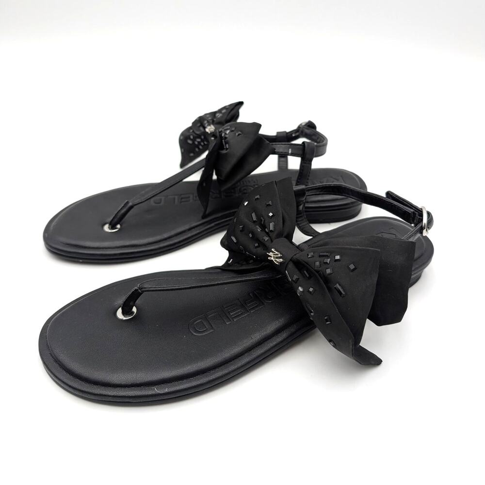 Karl Lagerfeld Paris Cristi Bow Thong Sandals Women's Black Size US7.5M EU38
